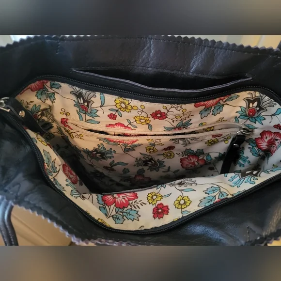 Latico Dark Blue Leather Tote Bag With Floral Lining 13x13 - Picture 5 of 13